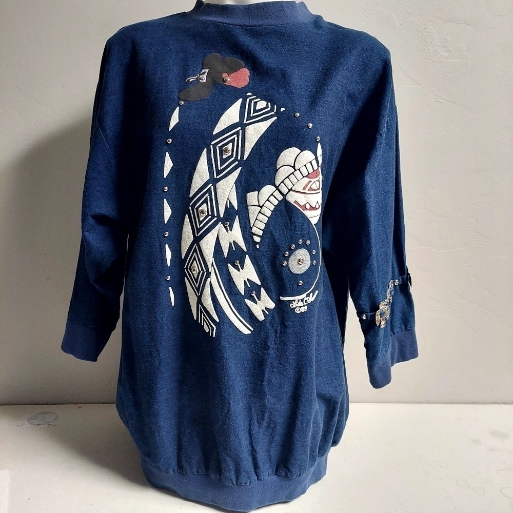 Lida Blue Chambray Top Shirt Southwestern Art Vintage 80s Embelished Size‎ L